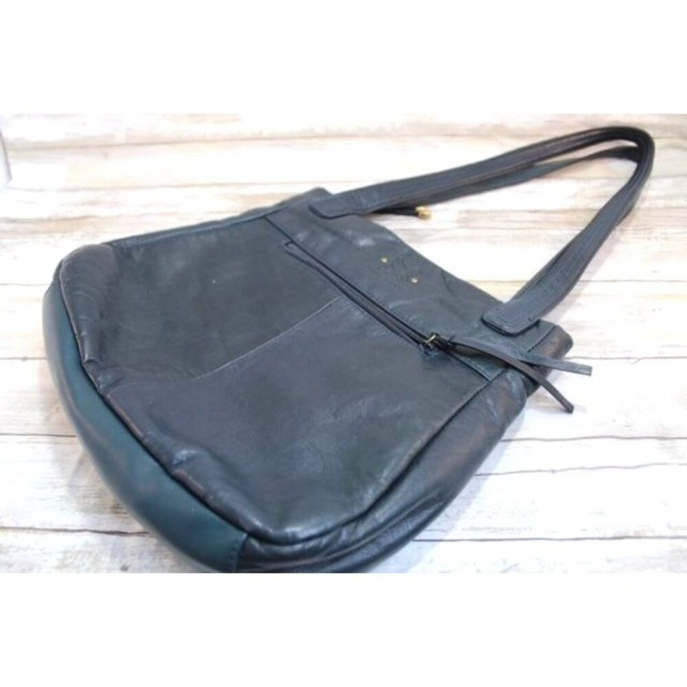 Stone Mountain Dark Teal Leather Studded Shoulder & Zipper Closure