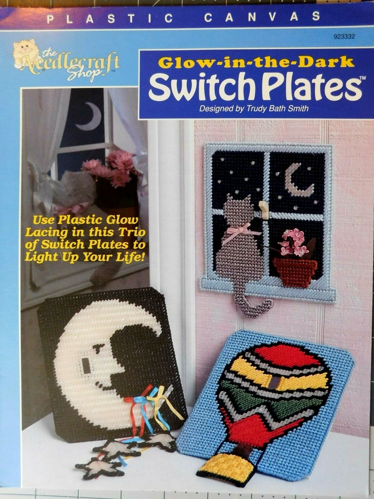 Plastic Canvas Leaflet Pattern - Cat, Moon & Hot Air Balloon Glow Switch Plates
