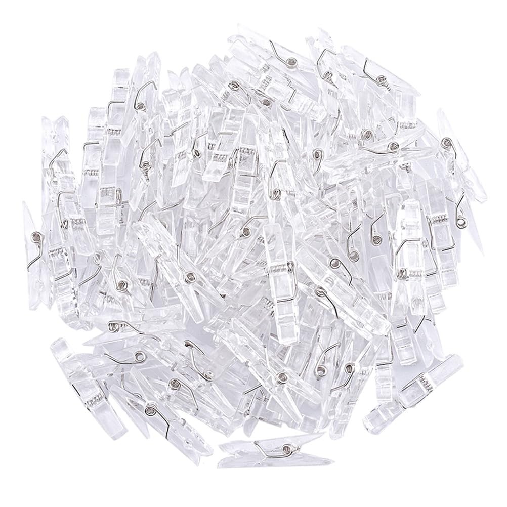 100 Pcs Mini Clear Photo Clips Clothespins Clothes Line Transparent Plastic