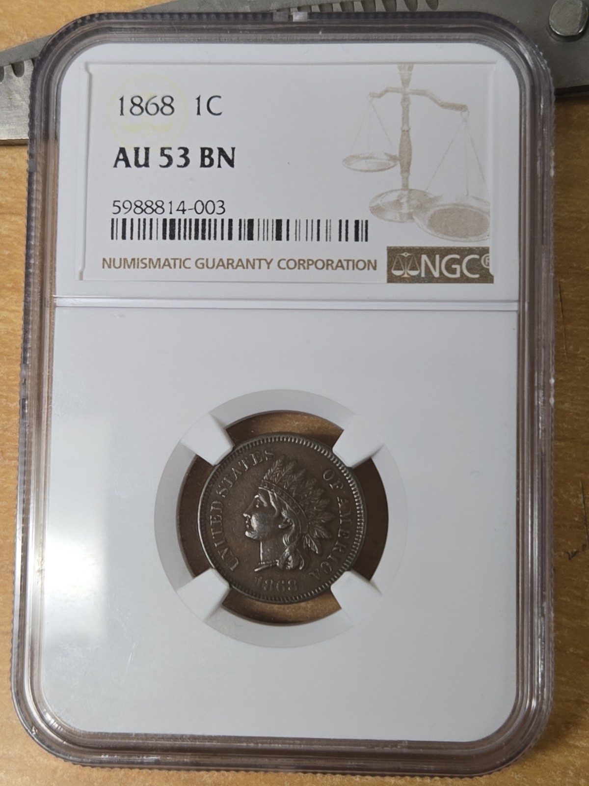1868 NGC AU53 AU 53 BN Brown Indian Head One Cent Penny 1c NICE