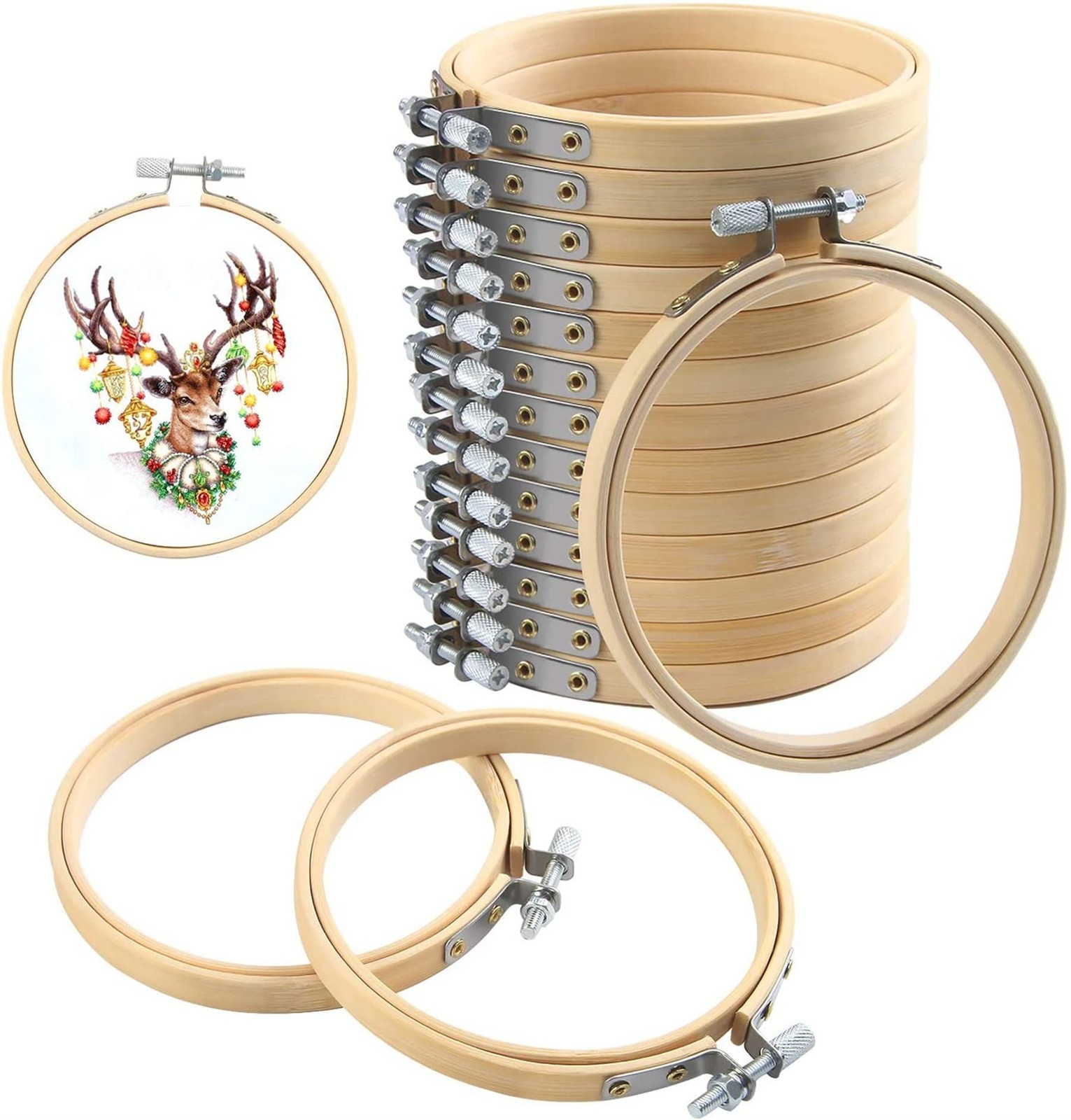 FEBSNOW 16 Pieces 4 Inch Embroidery Hoops Adjustable Natural Material Circle ...