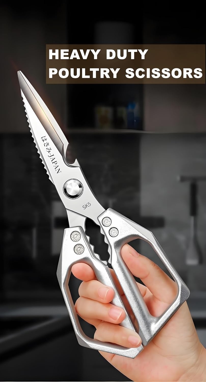 Kitchen Scissors, All Purpose，Ultra Sharp Meat Scissors，Heavy Duty Silver