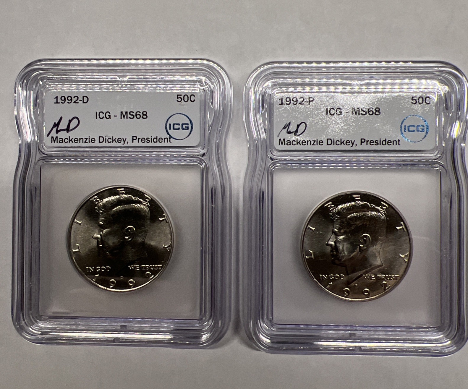 1992-D and 1992-P Kennedy Half Dollar MS68 ICG 50C
