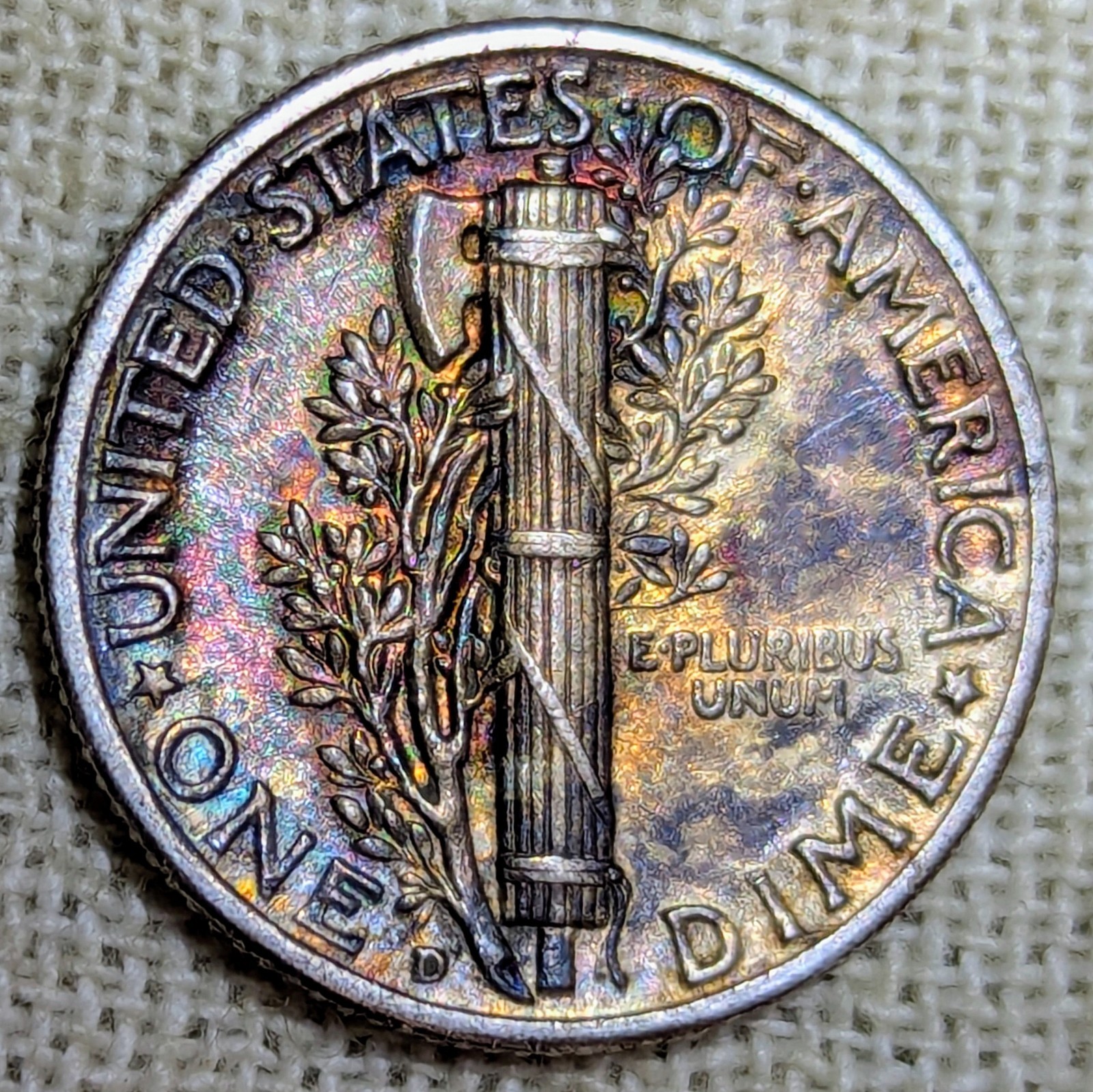 1941 D Mercury Dime AU BU : Monster Rainbow Tone, Denver Mint - .9 Fine Silver