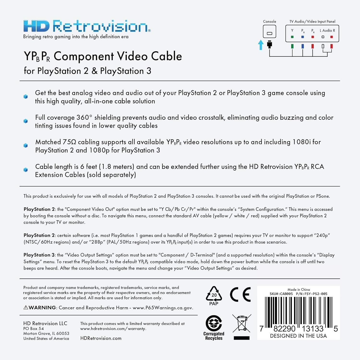 HD Retrovision Component Cable YPbPr for PS2 PS3 HD AV Video Cable