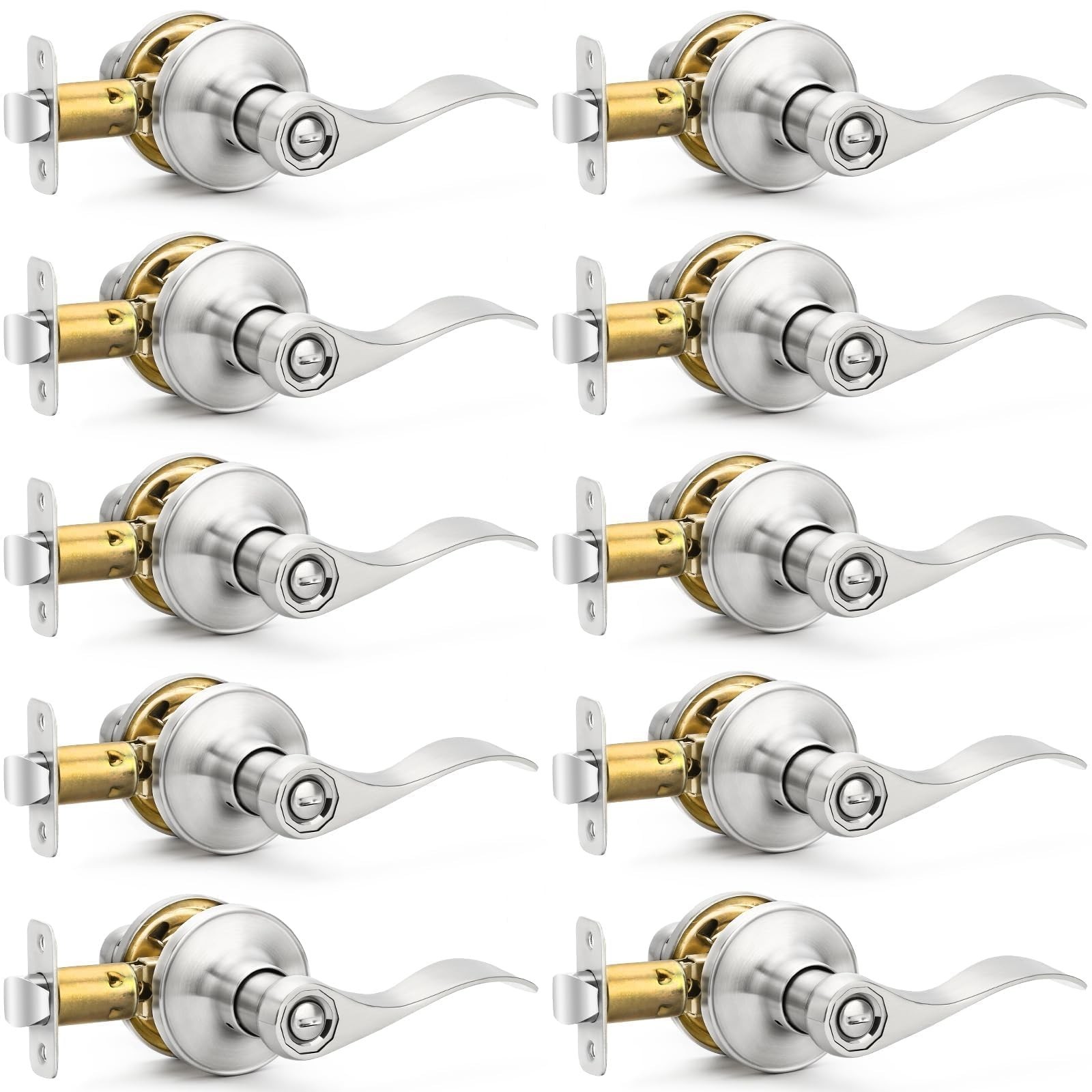 10 Pack Brushed Nickel Door Handles Privacy Door Levers, Heavy Duty Bed and B...