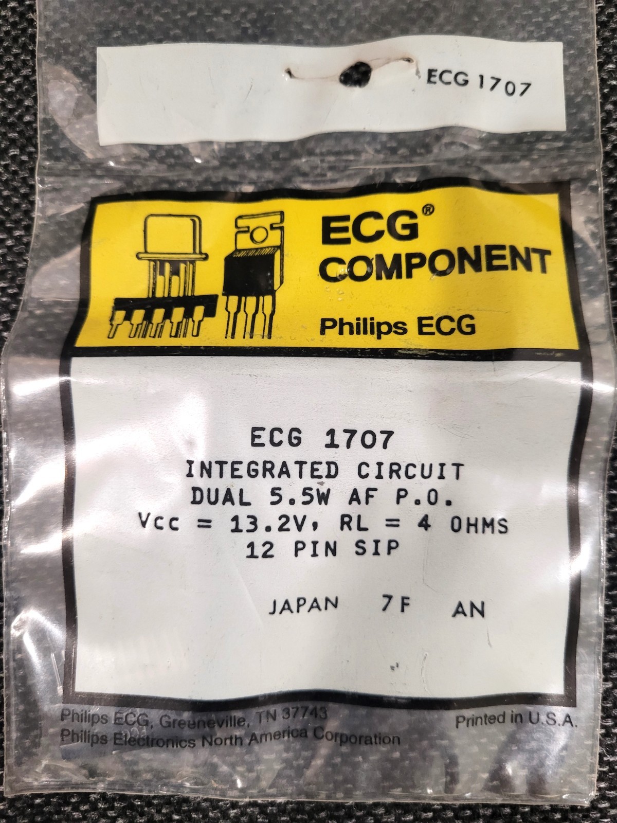 New "Genuine" ECG1707 IC Dual Channel Car Stereo AF PO, 5.5w/Ch SIP12 NTE1707