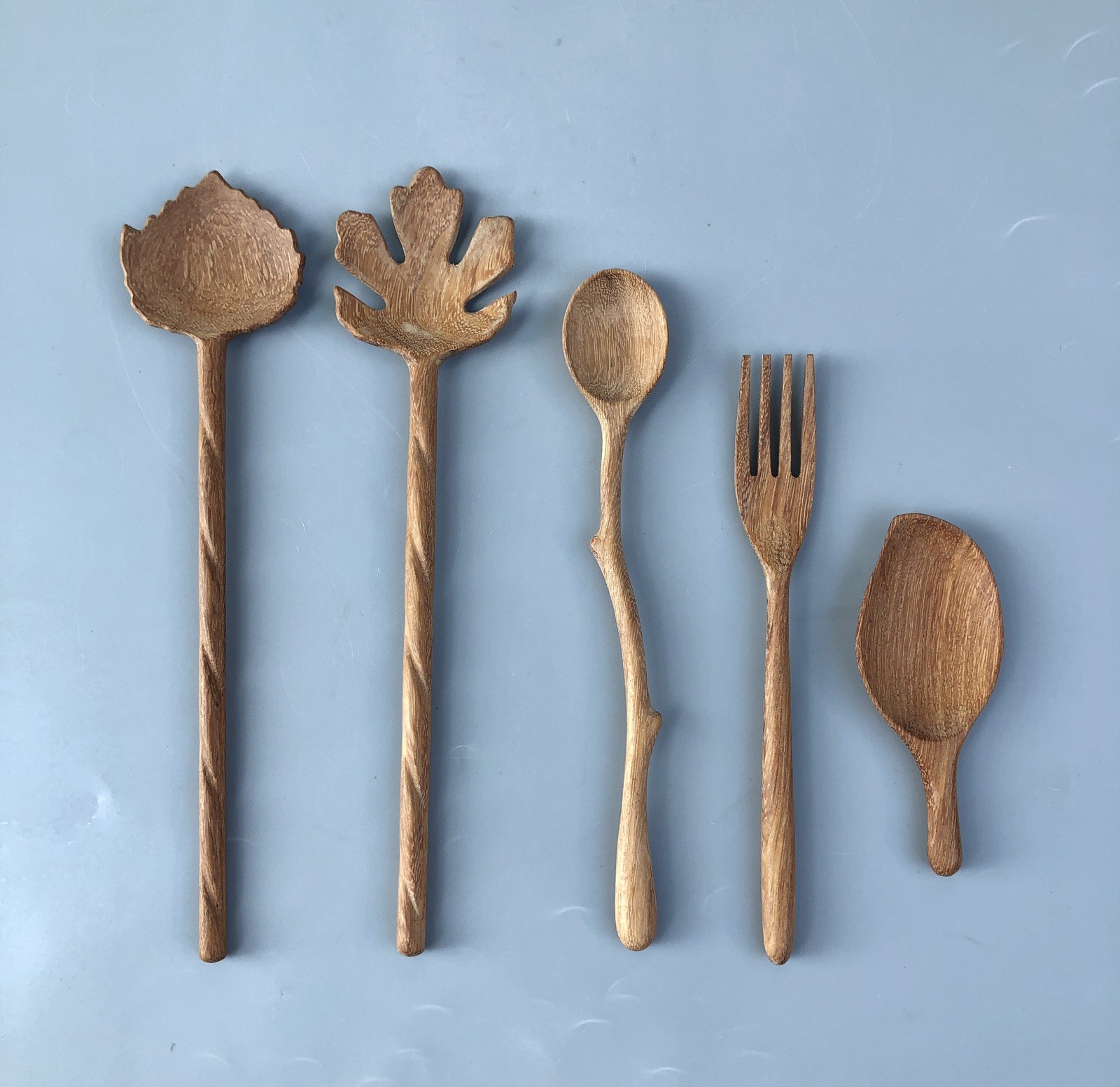 Natural Leaf Twig Shaped Wood Spoon Fork Flatware Salad Server Set 5 Pc