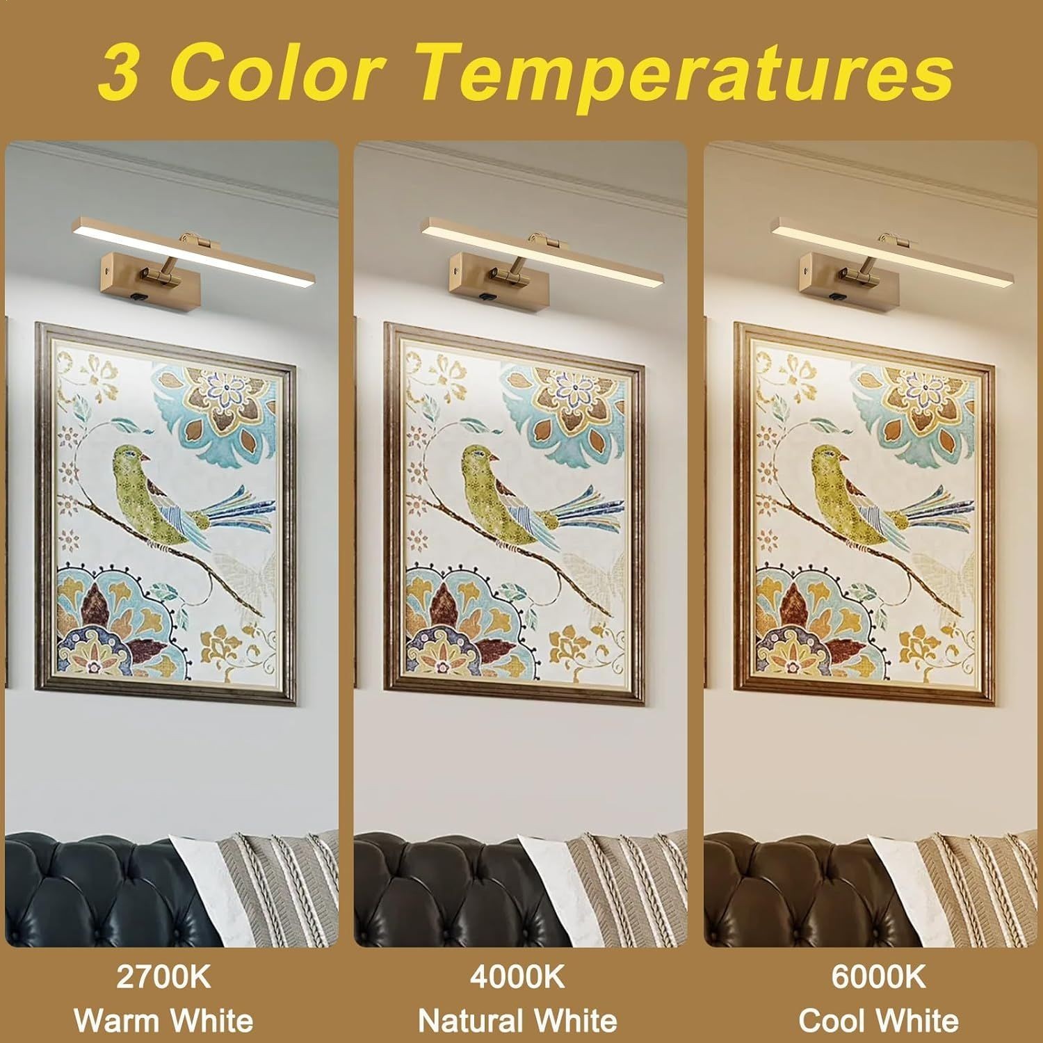 Wireless Picture Lights with Remote and Timer Brass Gallery Lighting Rechargeabl