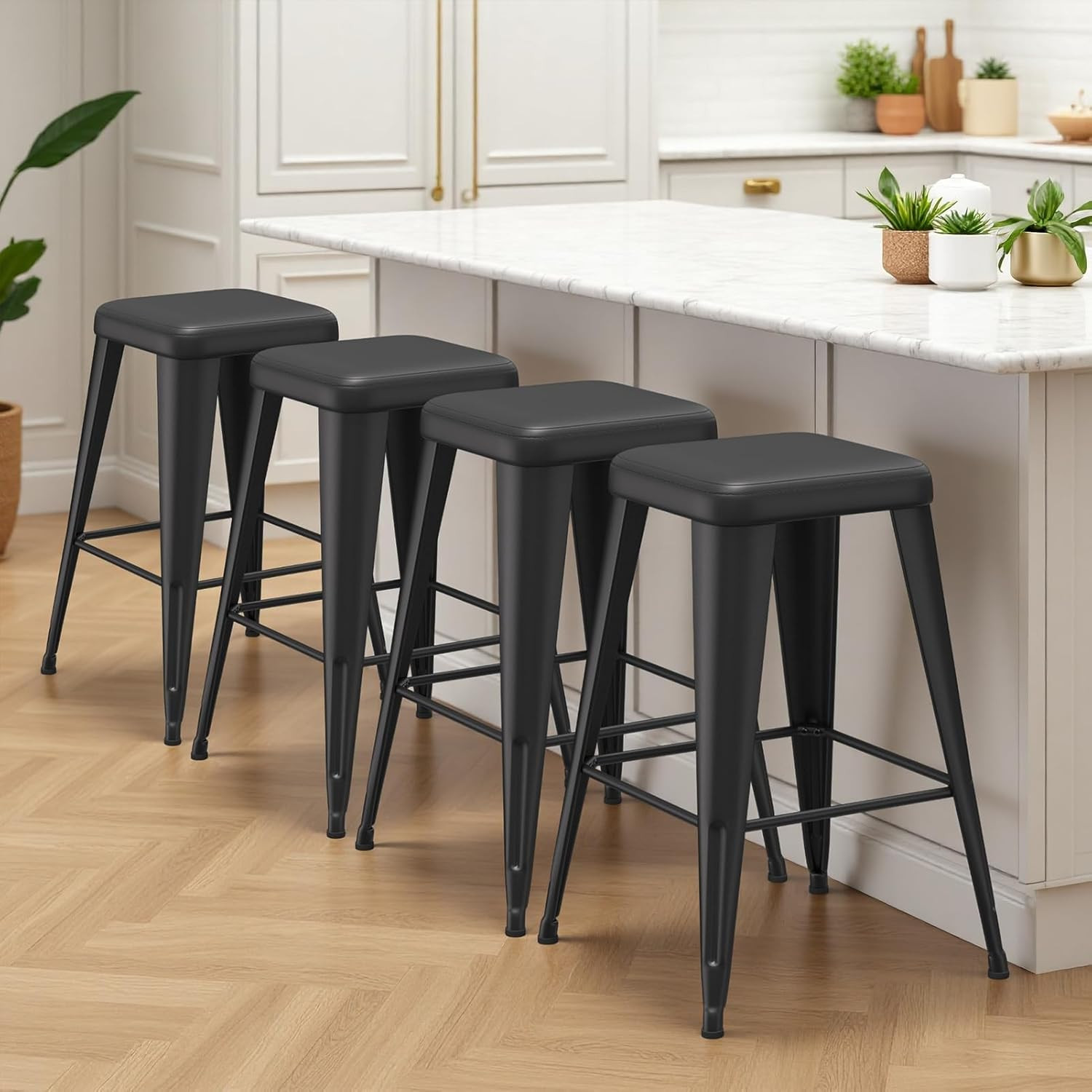 Set of 4 Industrial Metal Bar Stools with Upholstered Seats - 26 Inch Black