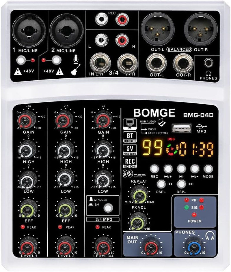 4 Channel Dj Bluetooth Audio Mini Mixer with 99DSP Processor, USB Interface, Ste