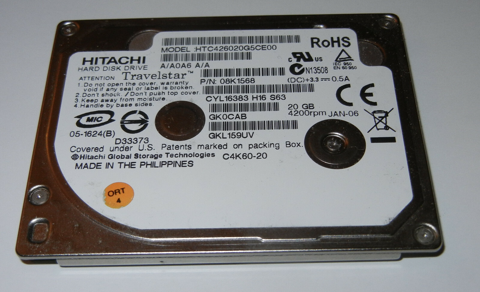 20GB Hitachi Travelstar 4200RPM HTC426020G5CE00 P/N: 08K1568 ZIF HDD Hard Drive