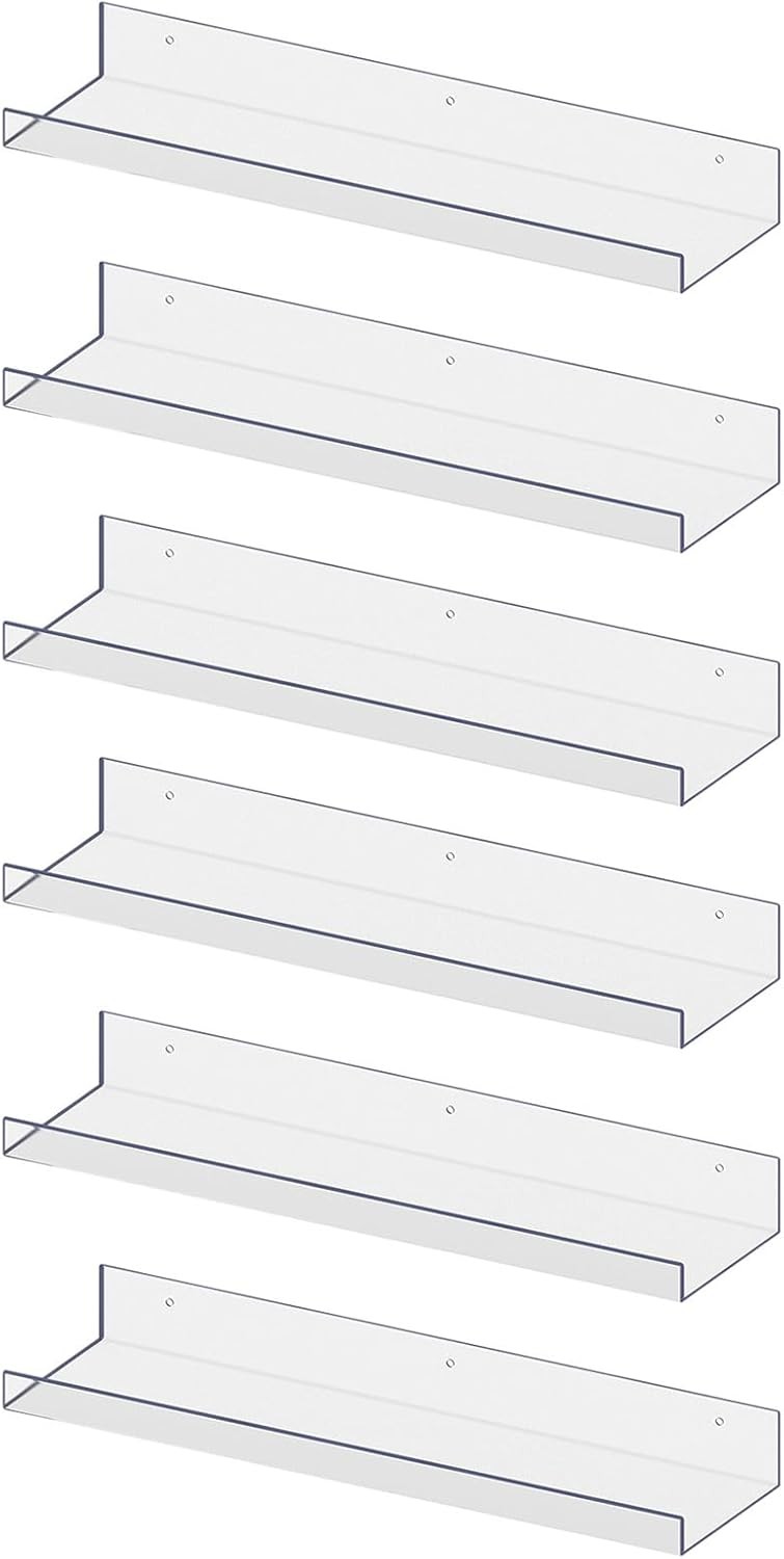 6 Pack Acrylic Shelves, 15" Floating Wall Shelves for Bedroom, Living Room