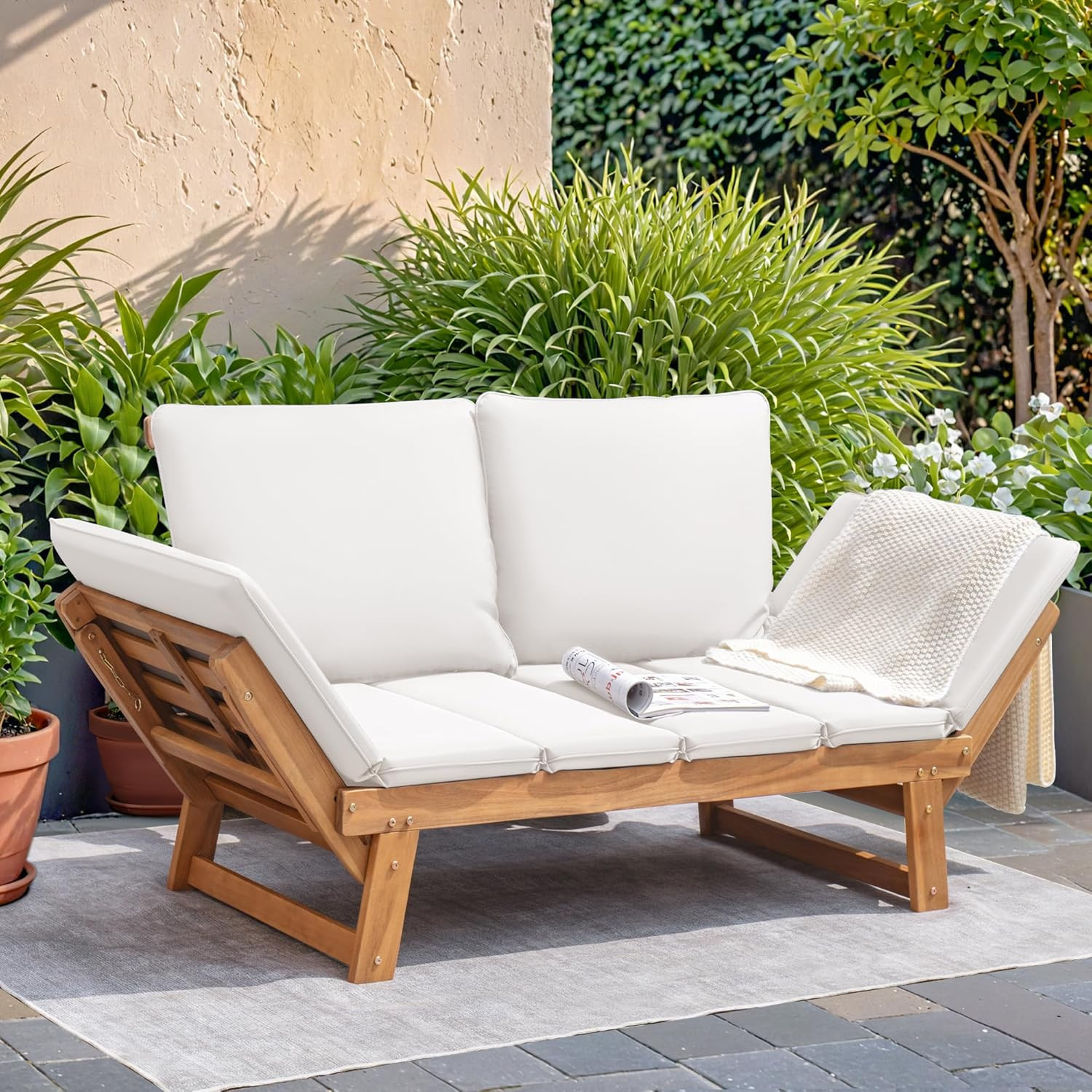 Devoko Outdoor Couch Acacia Wood Patio Couch with Adjustable Armrests, Outdoor C