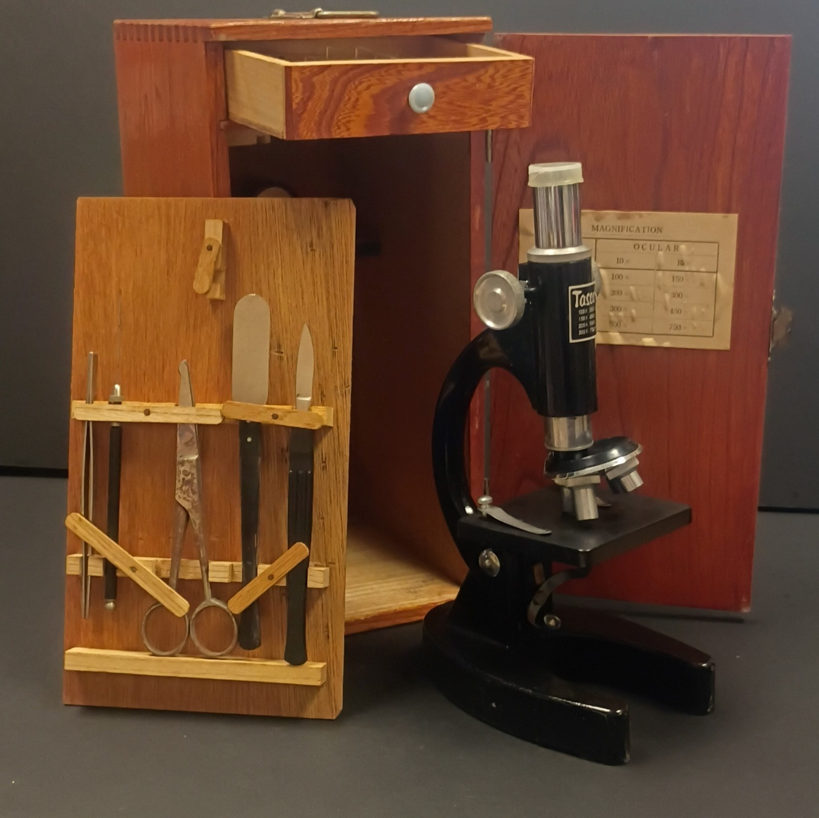 Vintage Tasco Student Microscope Kit  Wood Case & accessories Made in Japan