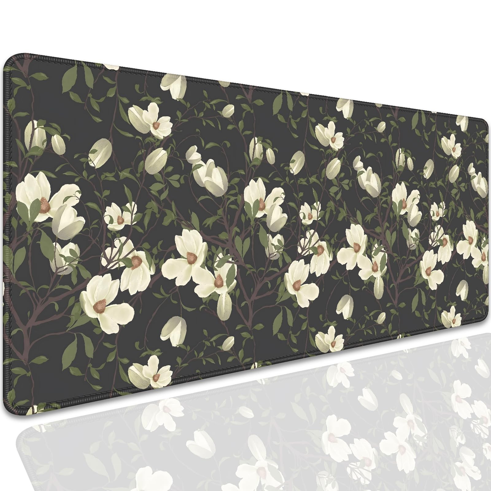 Magnolia Flowers Desk Pad Mouse Pad,Large Floral Mouse Mat with Stitched Edge...