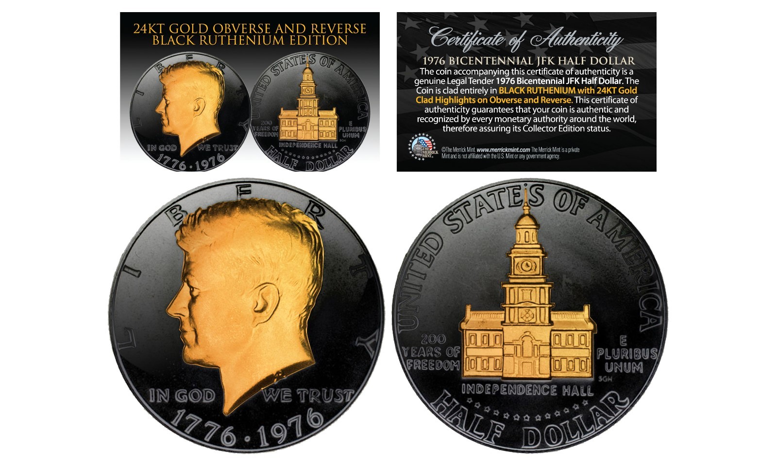 1976 Bicentennial JFK Half Dollar 2-Sided BLACK RUTHENIUM & 24KT Gold Clad Coin