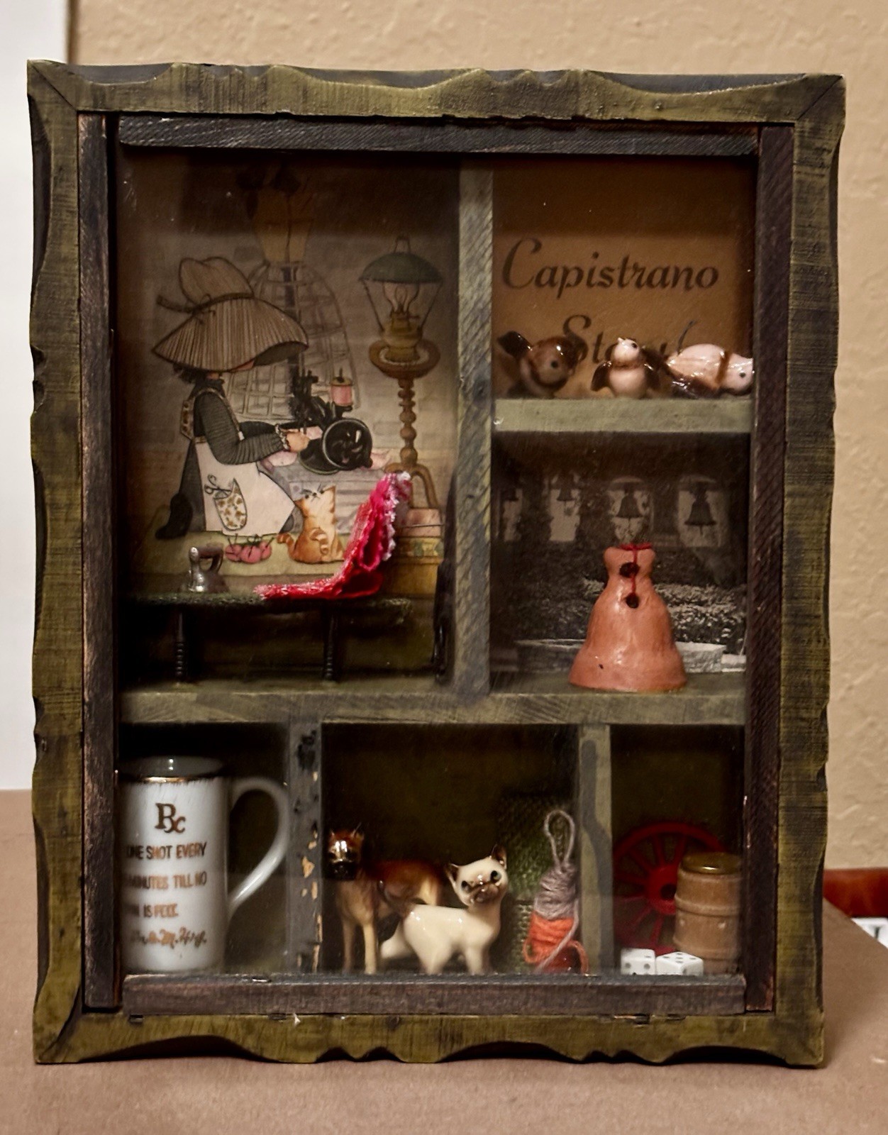 VTG Wooden Capistrano Shadow Box-Swallows Cat Dog Iron Holly Hobbie Rx Dice Bell