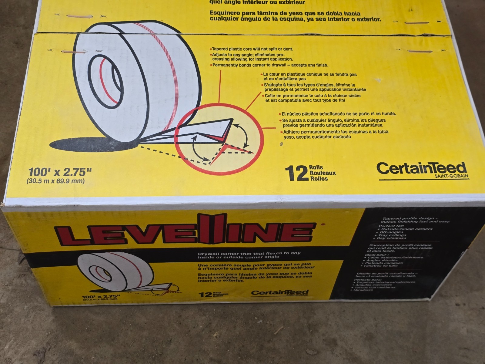 Box of 12 Rolls CertainTeed LevelLine Flexible Drywall Corner Trim 100' x 2.75"