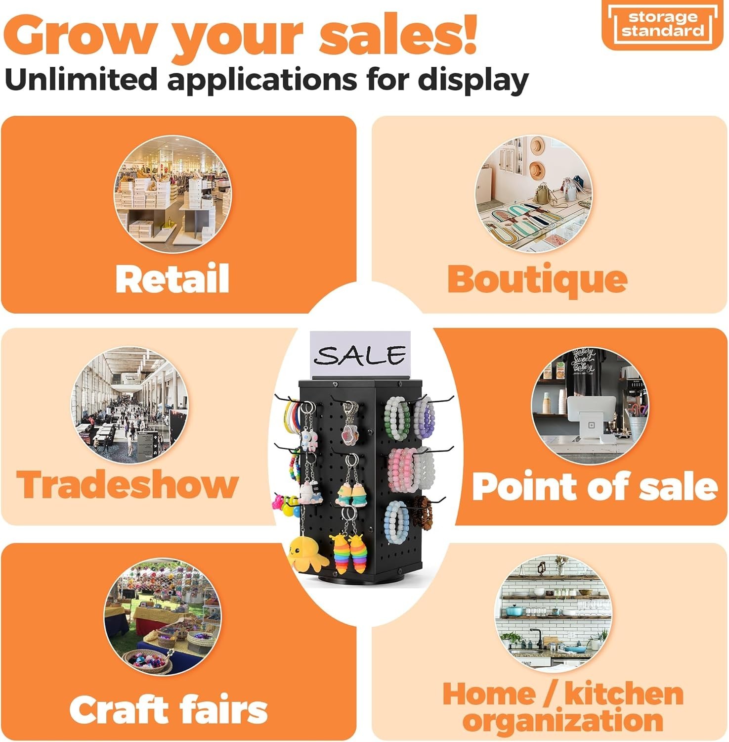 Rotating Pegboard Display Stand With 24 Hooks, 4-Sided for Products, Accessories