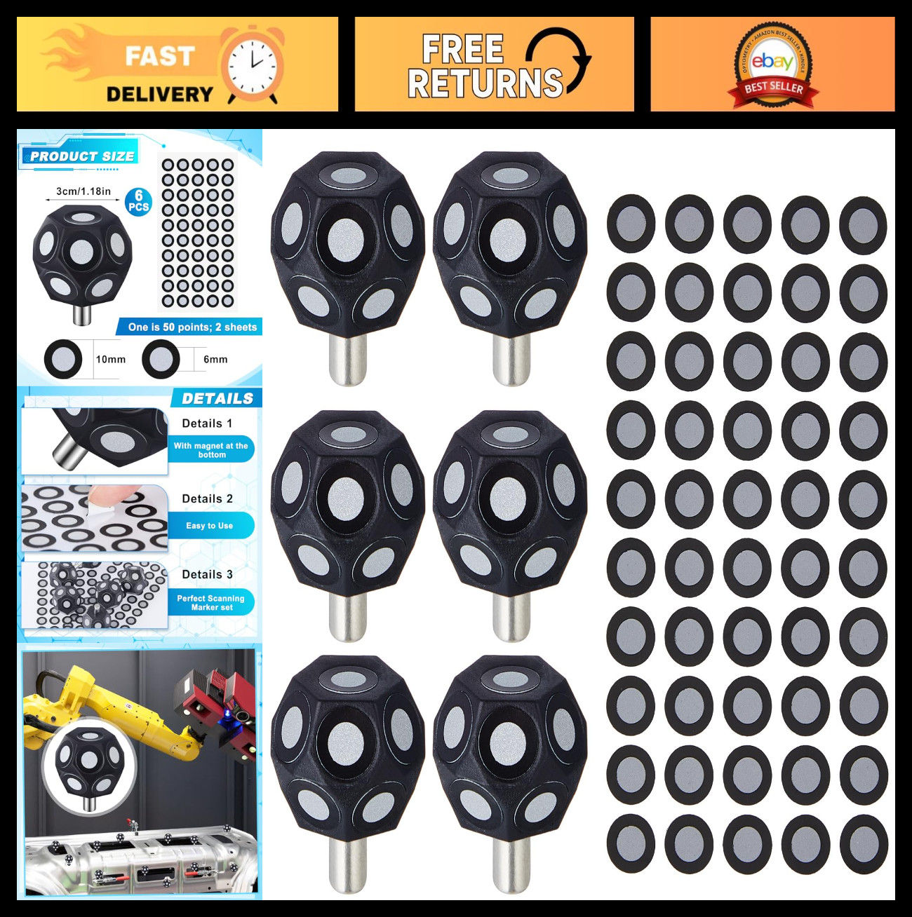 6 Pcs Multi-Angle Marker Set - 100 Point 6.0mm Dot Stickers for 3D Scanning