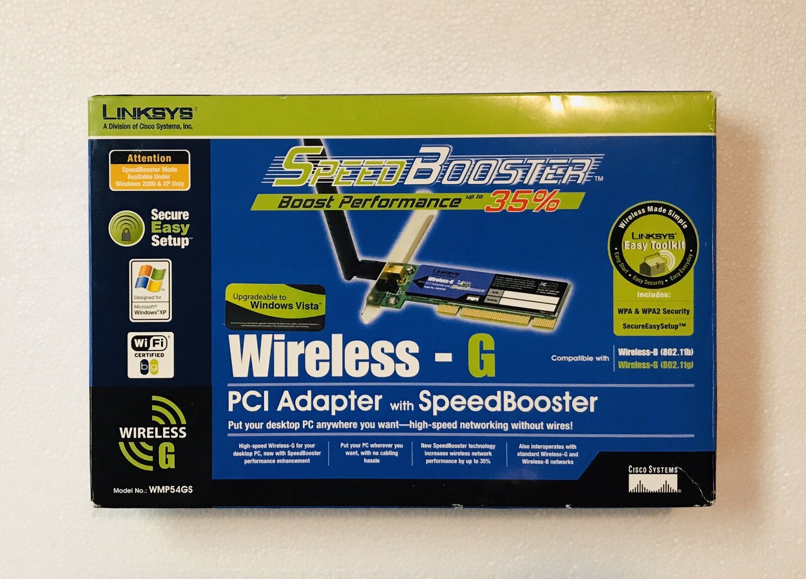 New Opened Box, LINKSYS WMP54GS Speed Booster Wireless-G PCI Adapter 2.4 GHZ