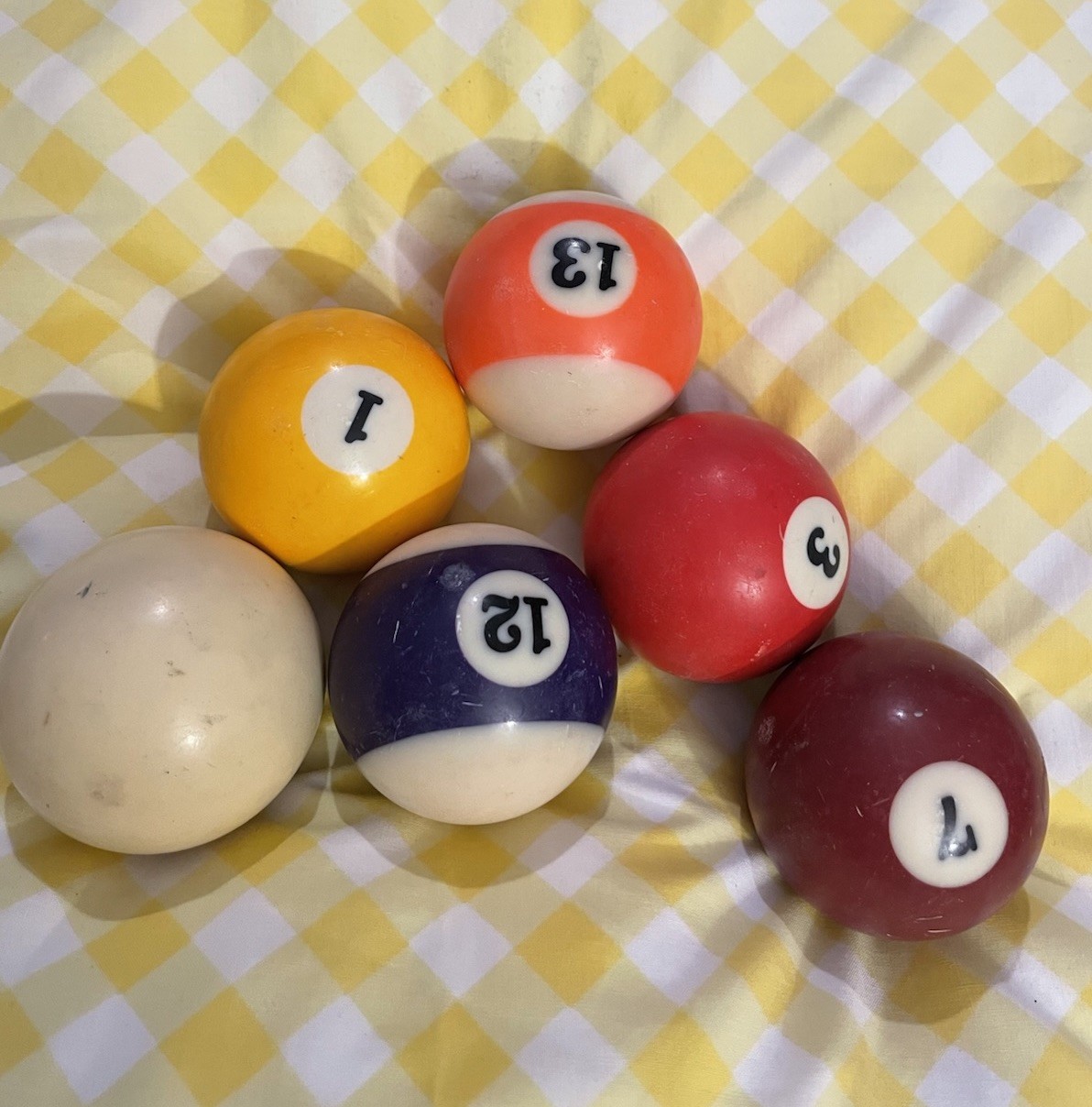 Vintage Pool Billiards Balls Lot of 6 - Cue Ball, 1, 3, 7, 12, 13 FAST SHIP! 🎱