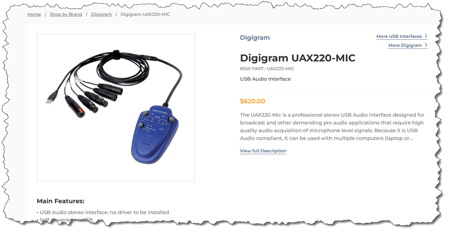 Digigram UAX220-MIC USB Digital Audio Computer Recording Interface Balanced XLR