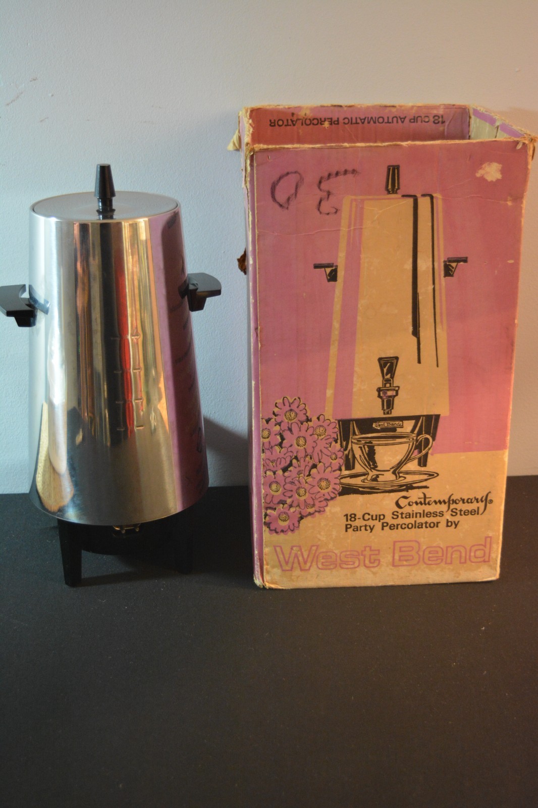 VTG West Bend 18 Cup Percolator Model  Stainless Boxed Coffee, USED clean 7488