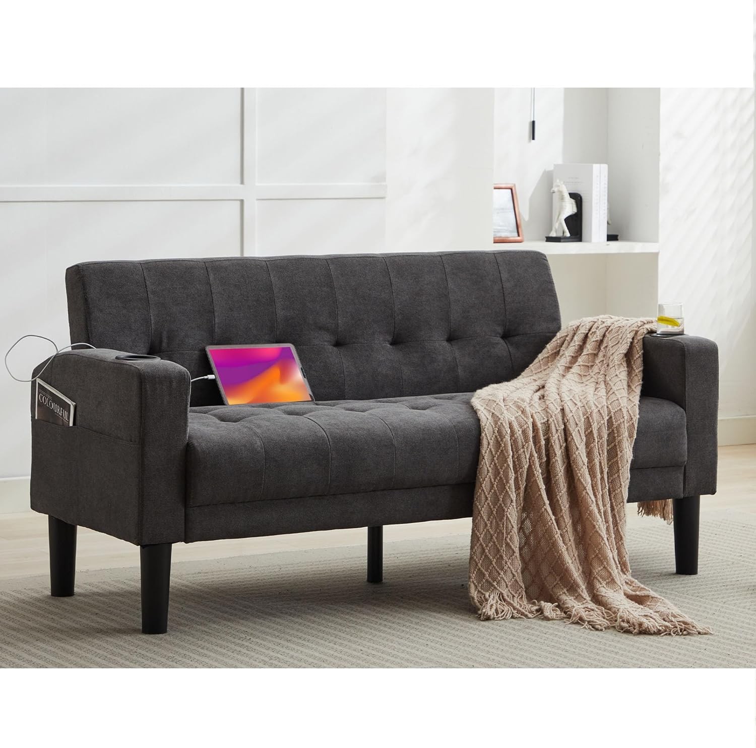 62 Inch Linen Upholstered Tufted Mid- Modern Loveseat Sofa