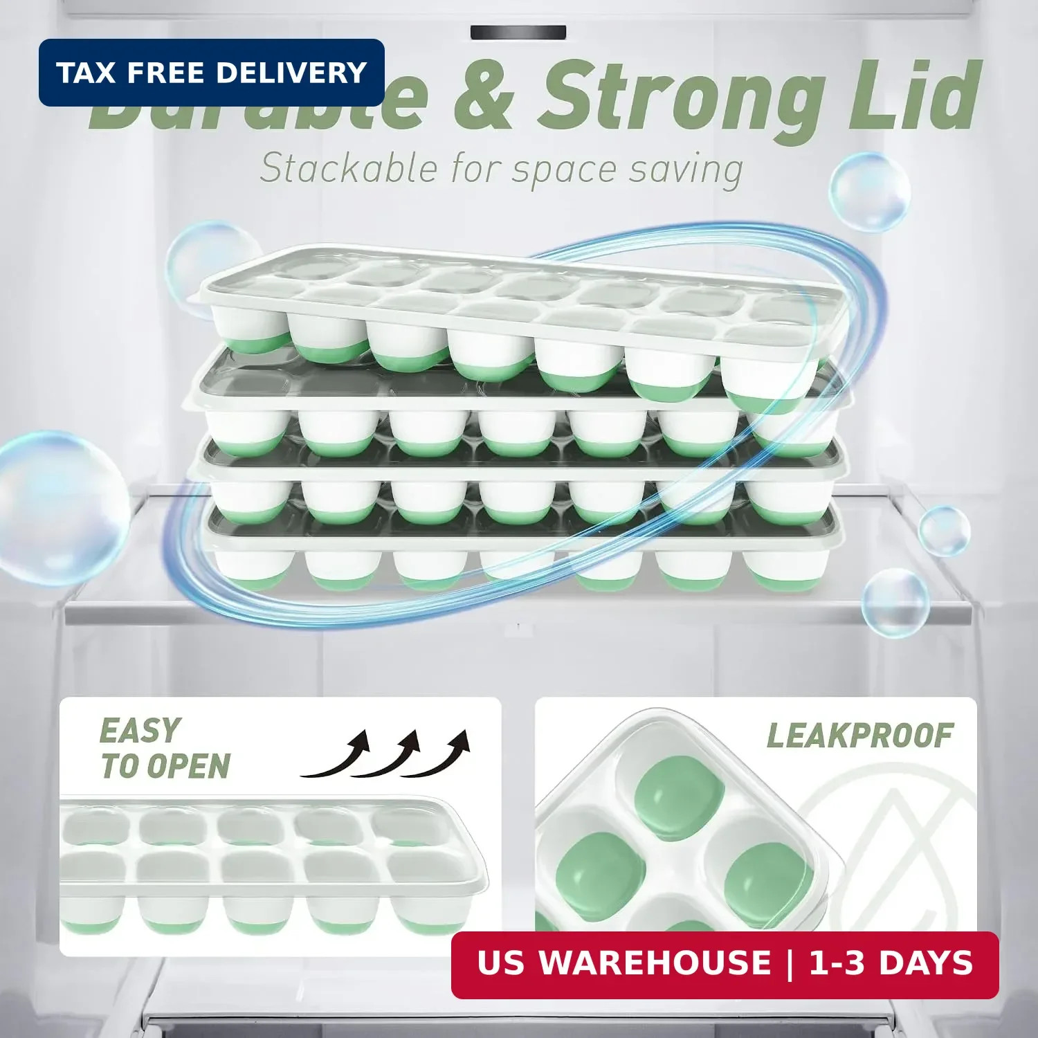 ChefAide Ice Cube Tray with Lid, 2 Packs 28 Cubes Durable Stackable Ice Cube Tra