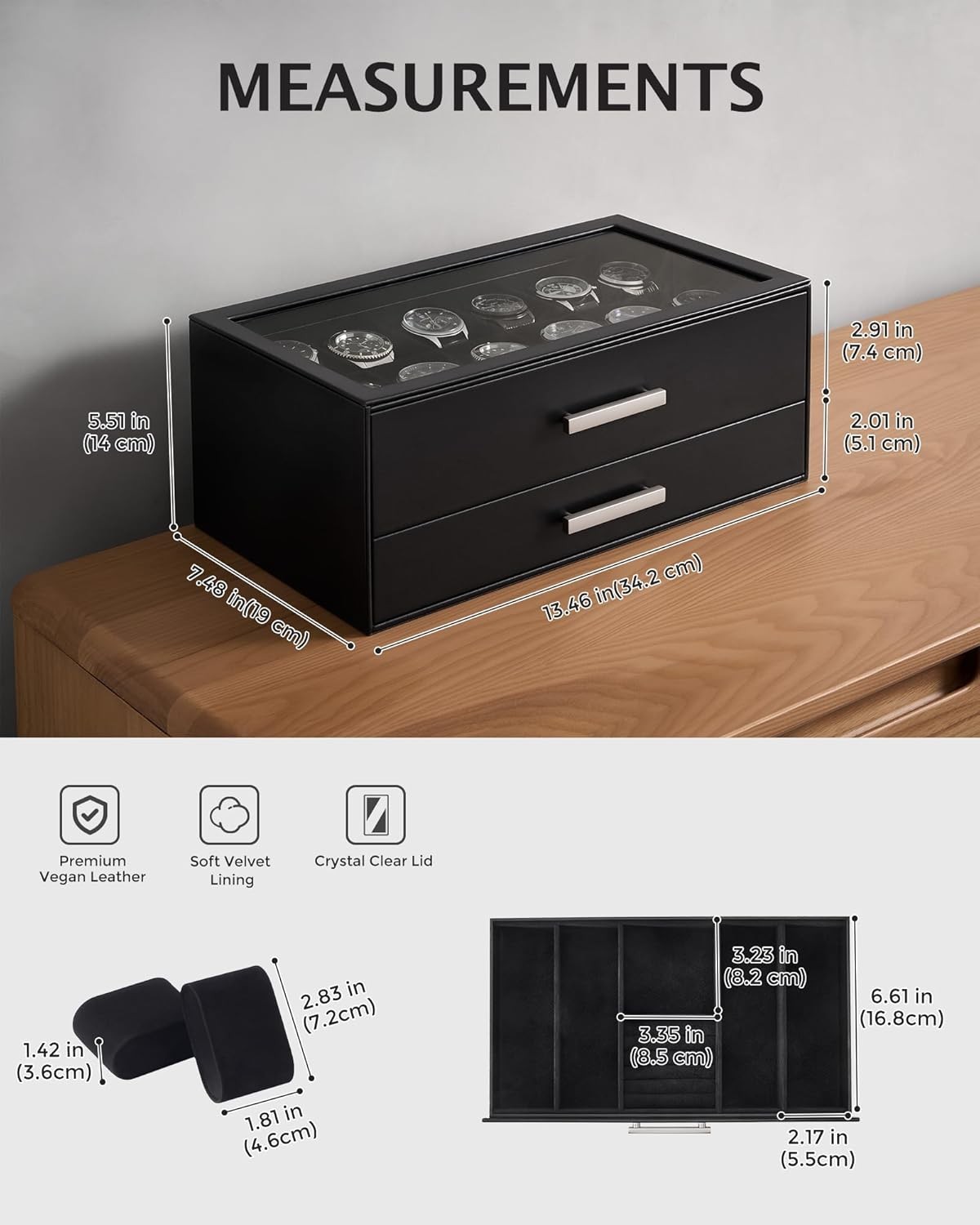 Watch Box 12-Slot 2-Tier Pull-Out Drawers Display Case Storage Organizer Men