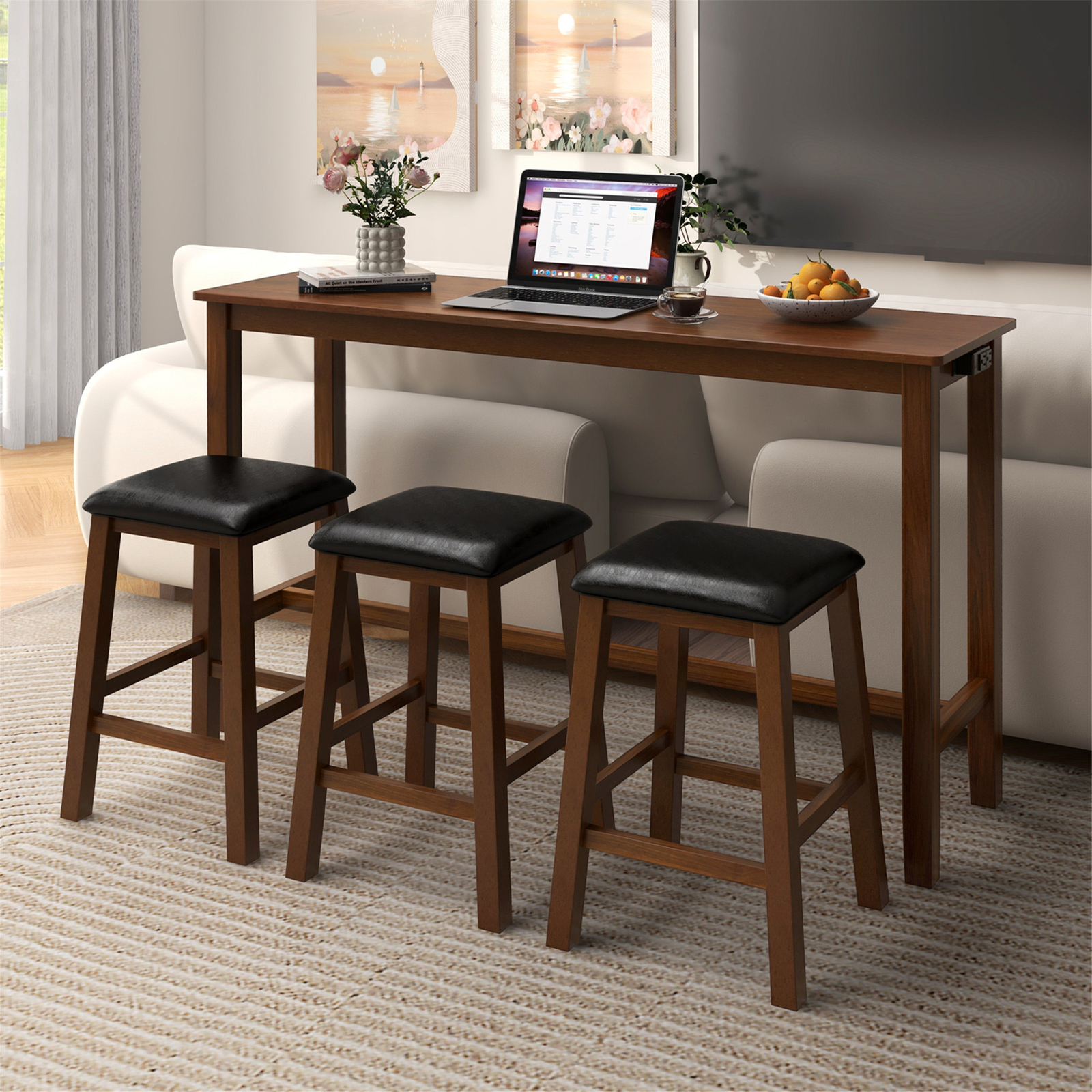 4-Piece Bar Table Set w/ Power Outlet Counter-Height Table & 3 Bar Stools