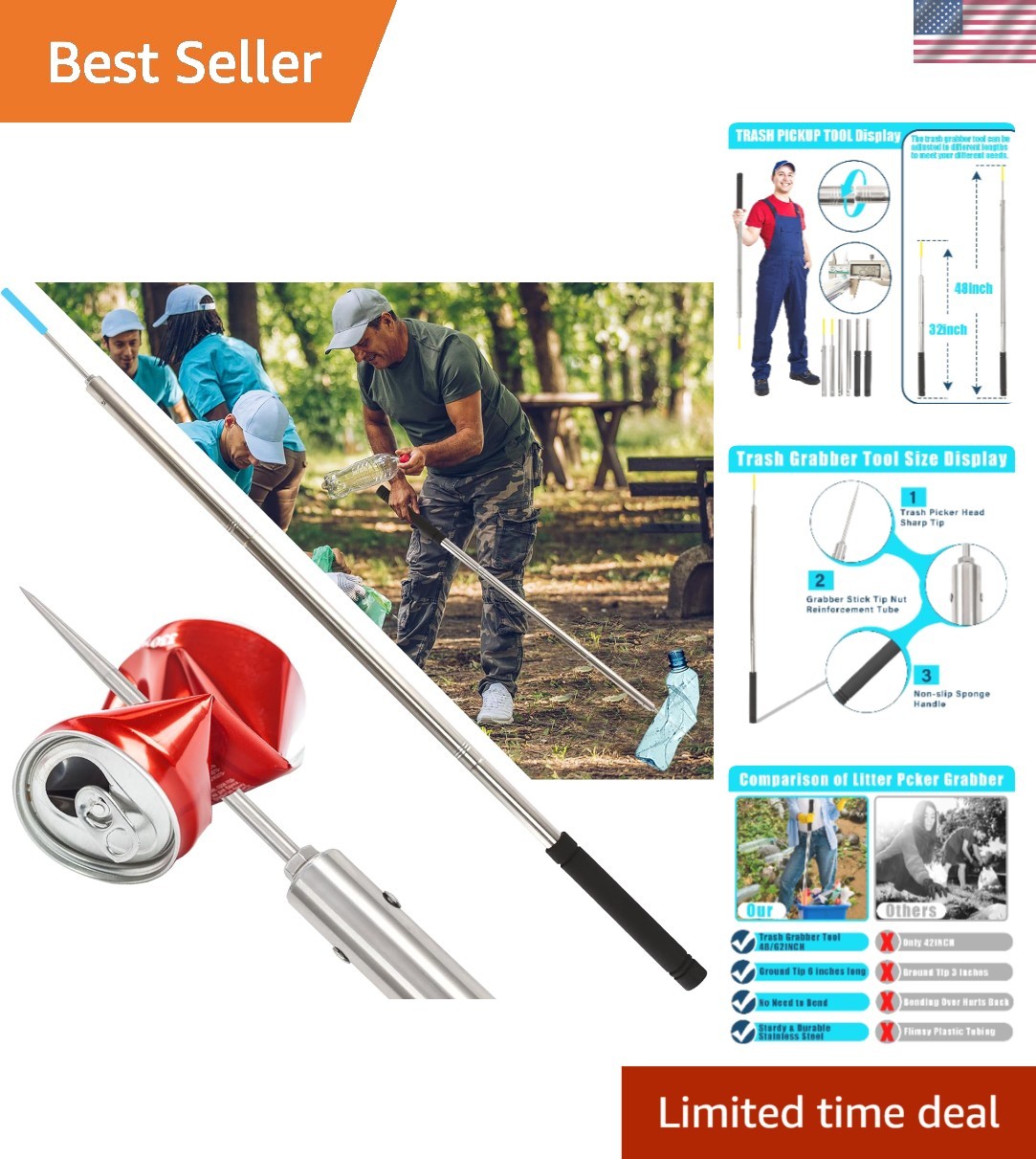 Adjustable 48-Inch Stainless Steel Trash Pickup Tool for Eco-Friendly Cleaning