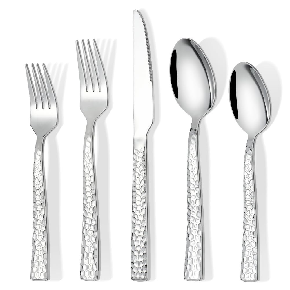60 Piece Silverware Set for 12, Amafox Stainless Steel Hammered Flatware Set,...