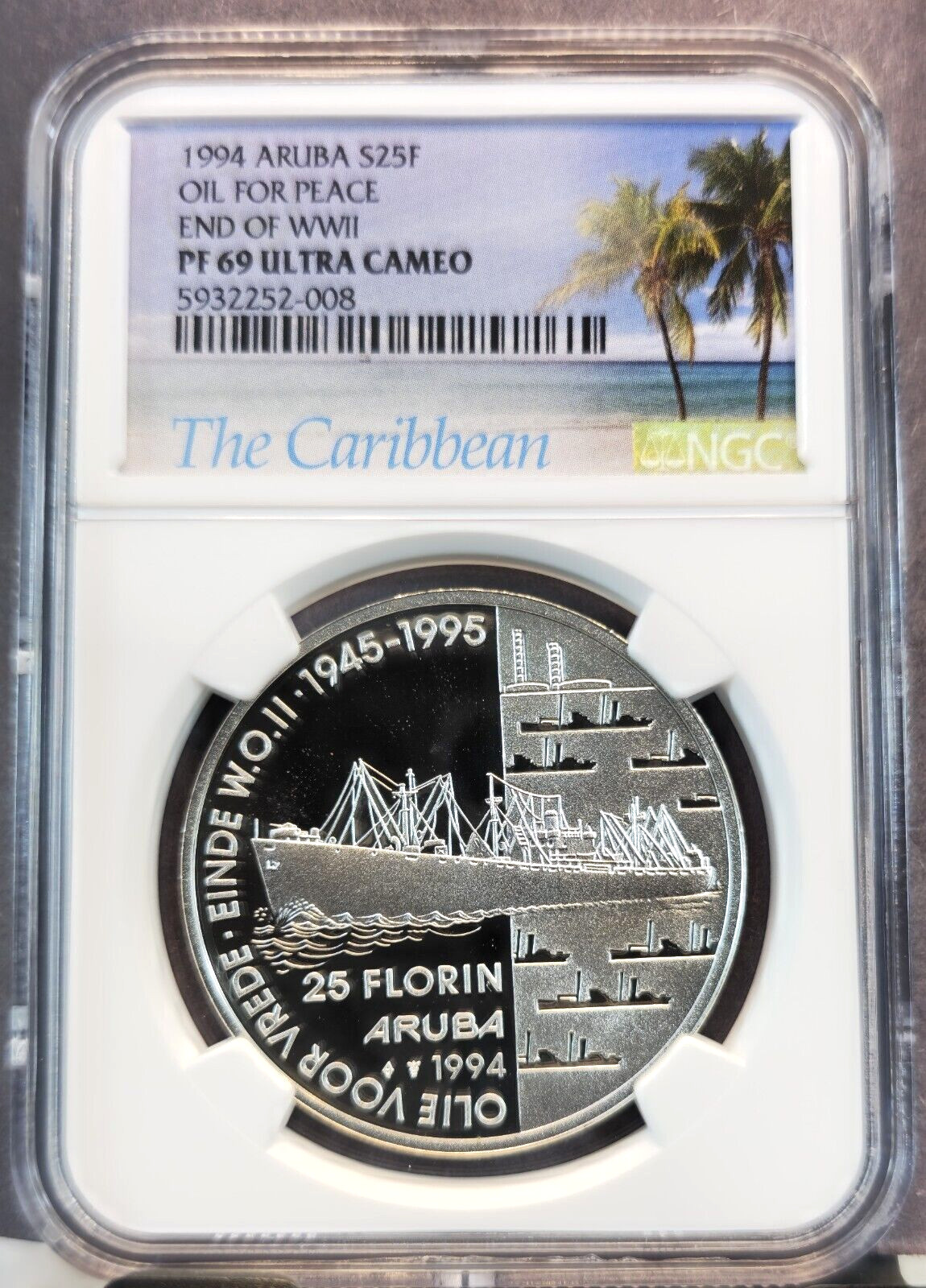 1994 ARUBA SILVER 25 FLORIN END OF WWII NGC PF 69 ULTRA CAMEO SCARCE COIN