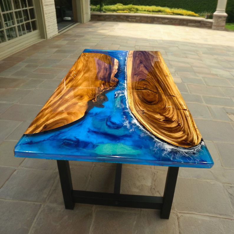 Rectangle Dining Table Top Blue Epoxy Resin River Acacia Wood Art Office Decor