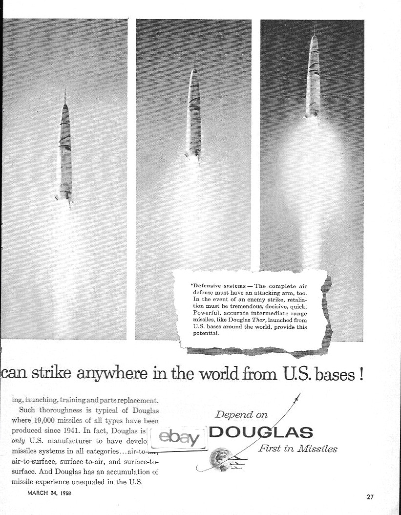 DOUGLAS AIRCRAFT CO 1958 2 PG GIANT AIR FORCE THOR ROCKET IN MASS PRODUCTION AD