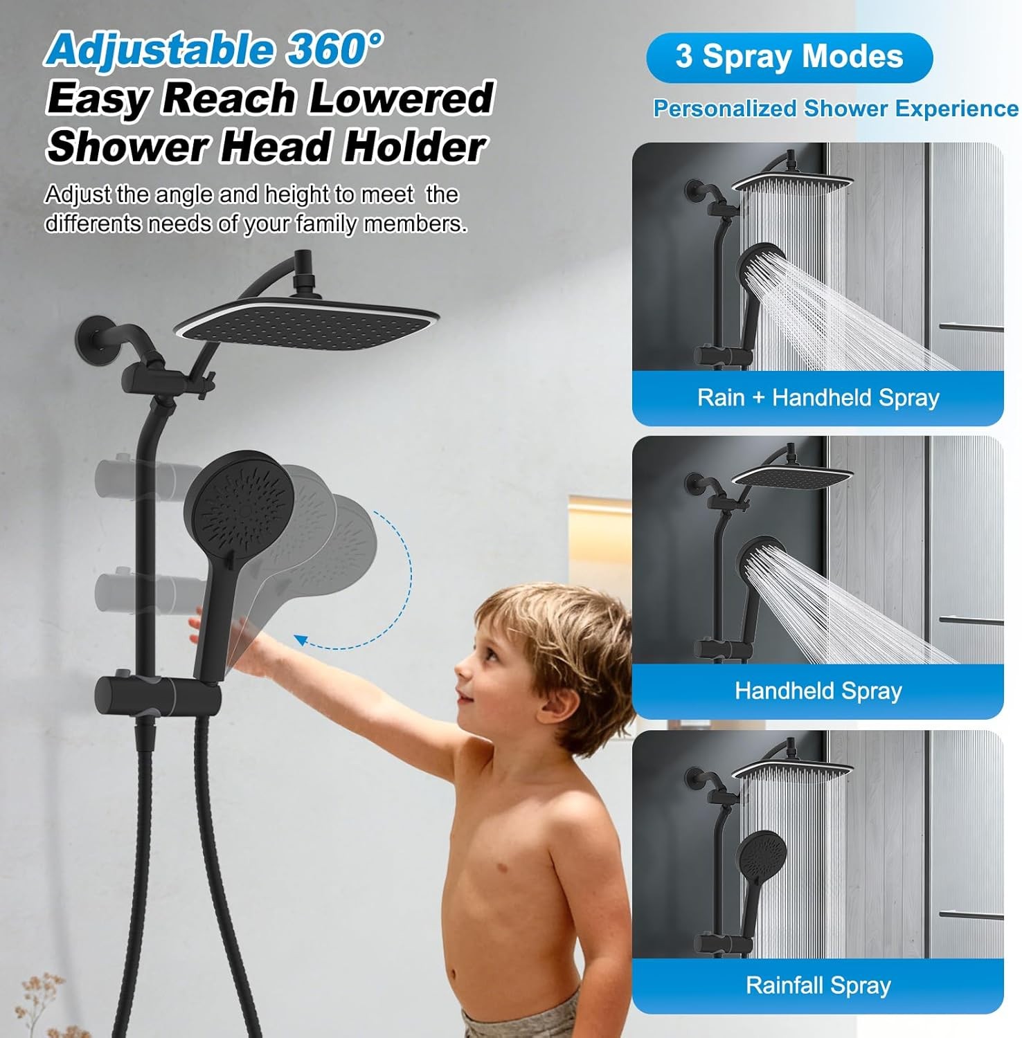 10" Black Rain Shower Head with Handheld, High Pressure Boosting Rainfall
