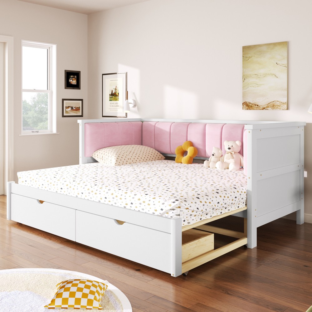 Pink & White Velvet Daybed Twin XL to King w/ Storage & Backrest