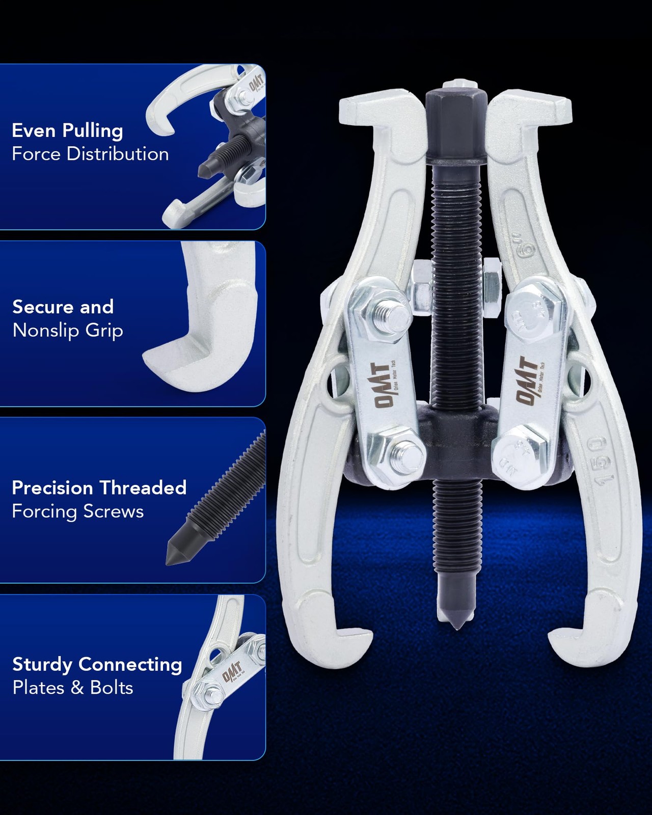 OMT 3" 4" 6" Gear Puller Set, 3 Jaw with Reversible 6", silver