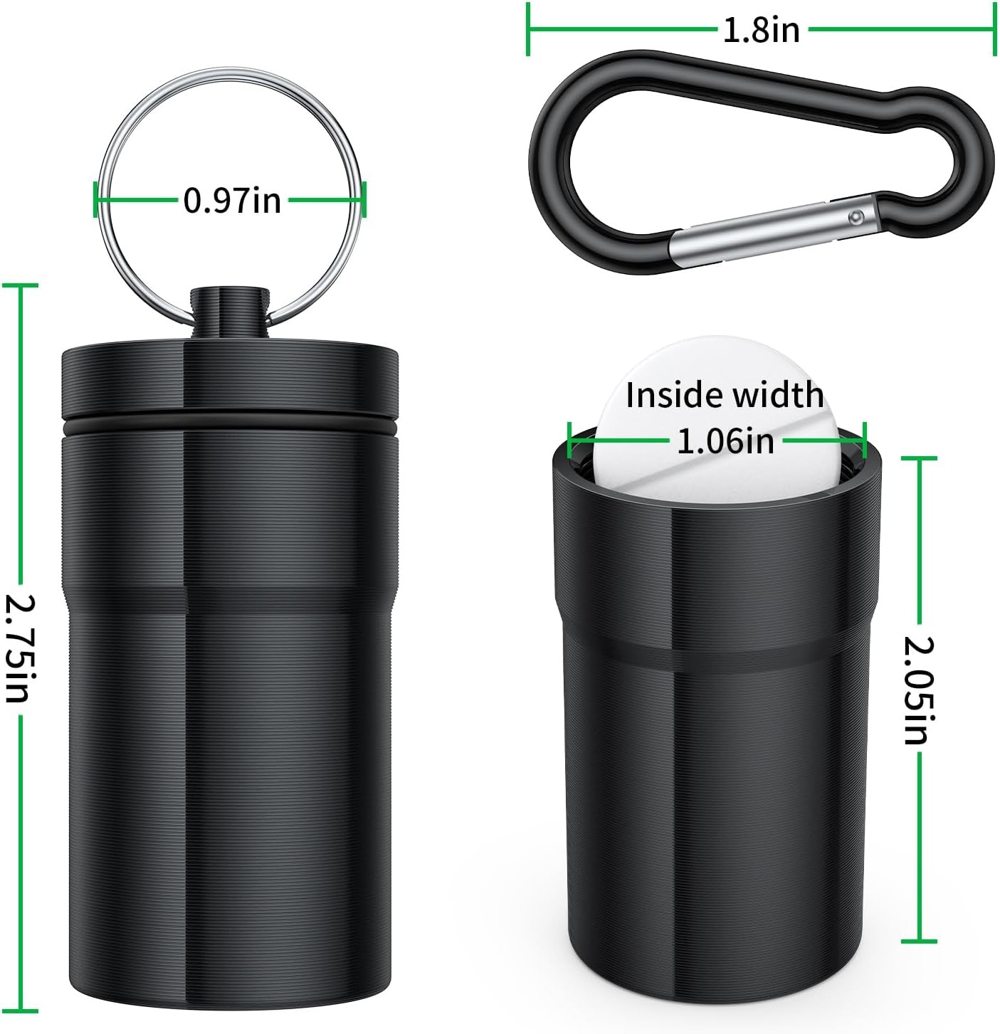 Portable Pill Case Keychain (2 Pack), Large (Pack of 2), Black Silver