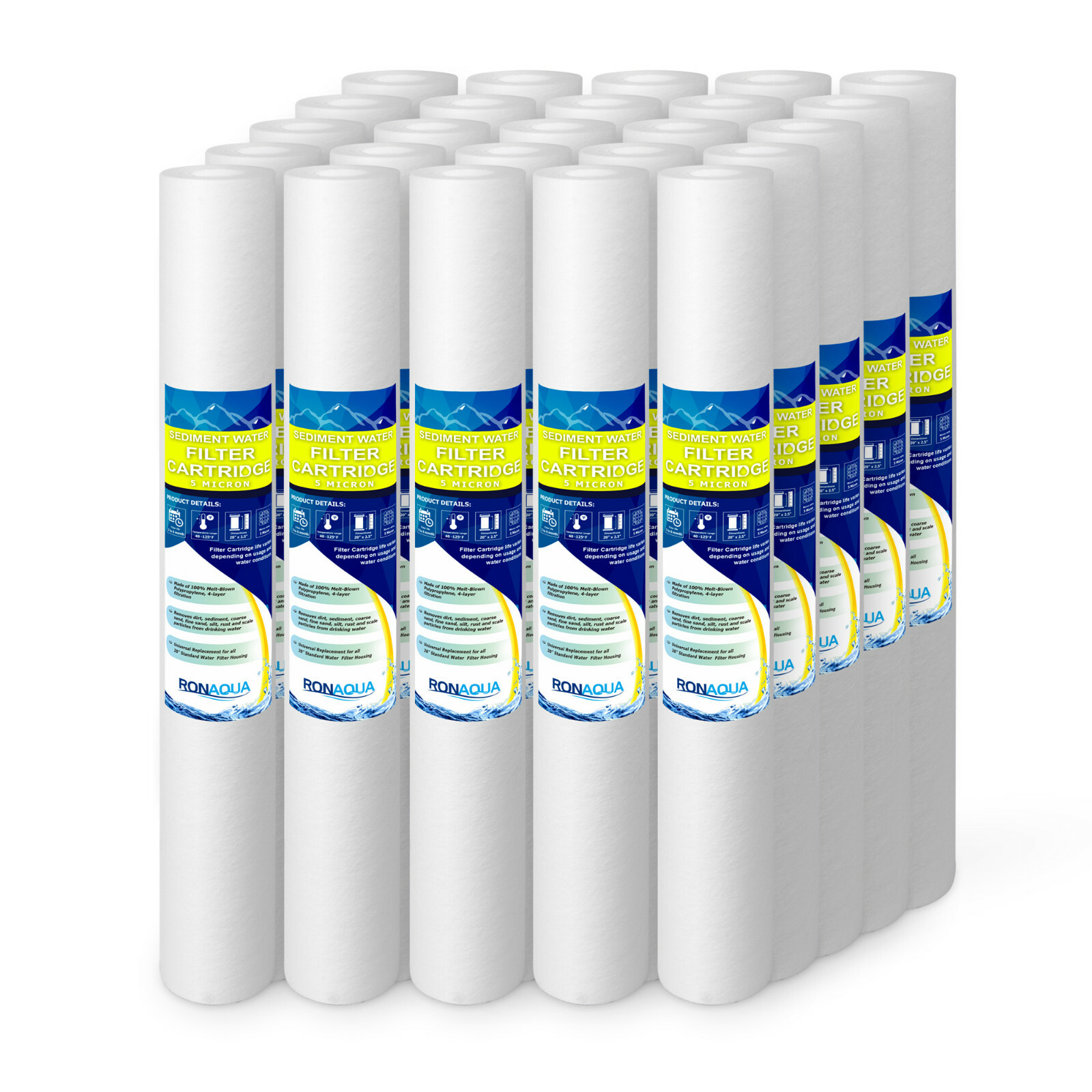 20" x 2.5" Sediment Water Filter 5 Micron Whole House Cartridges Set of 25