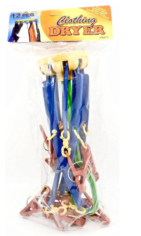 Clothes Drying Peg Rack,12 Pegs with Clothes Pins Hooks,Hanging Hook,Plastic