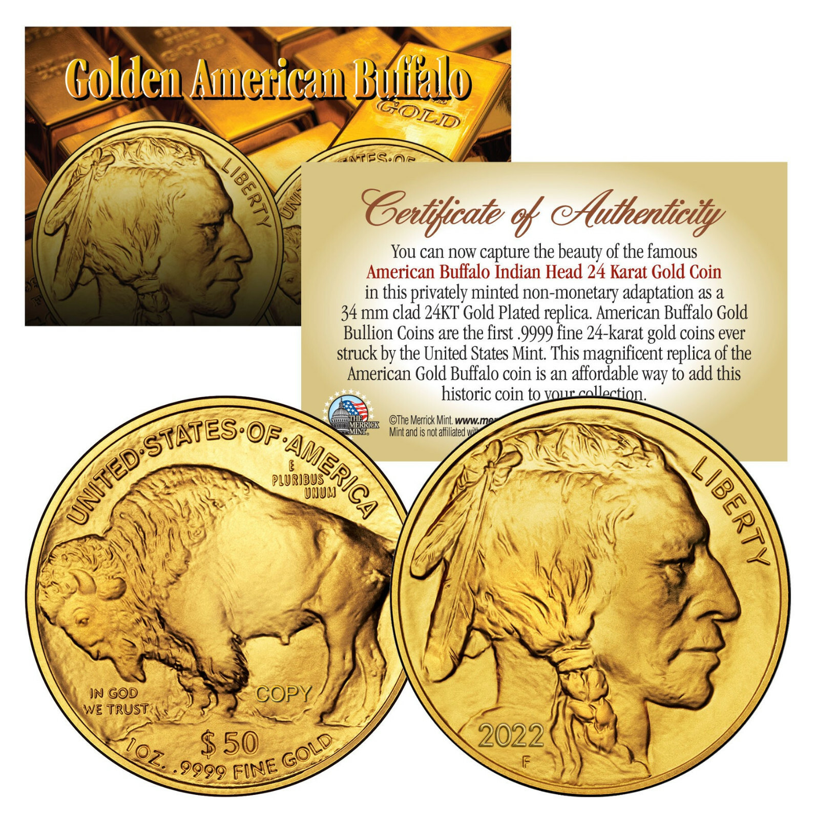 2022 24K Gold Plated $50 AMERICAN GOLD BUFFALO Indian Tribute Coin (Lot of 3)