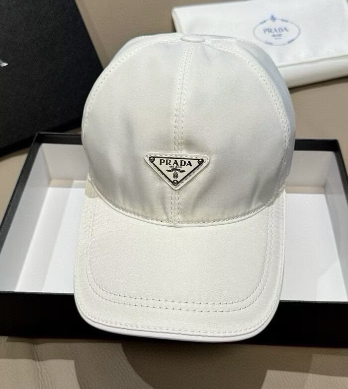 New Prada Triangle Logo Re-Nylon White Baseball Cap Unisex Hat | White