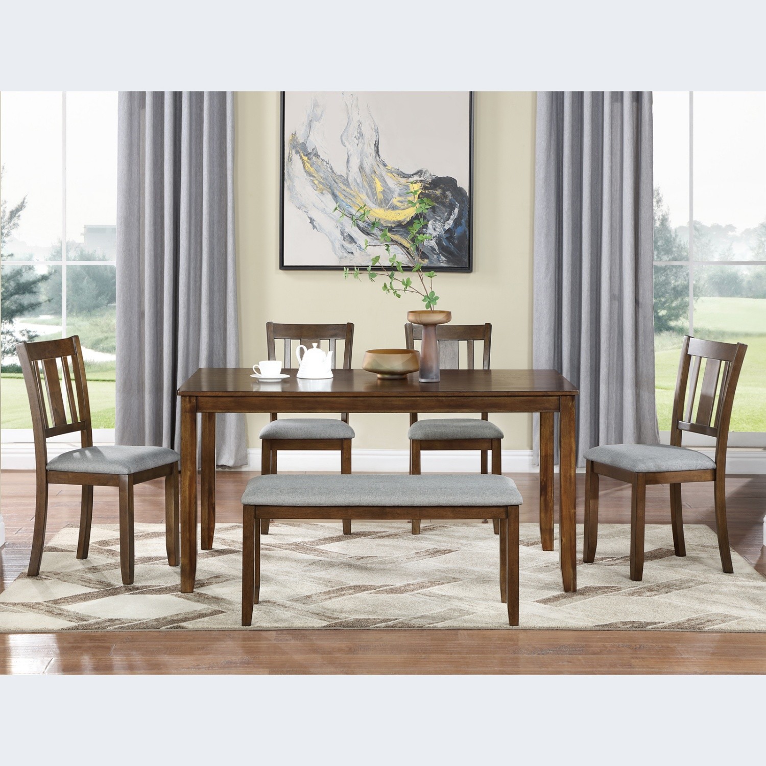 6 Piece Kitchen Dining Set Kitchen Table Wood Dining Table with 4 Chairs & Bench
