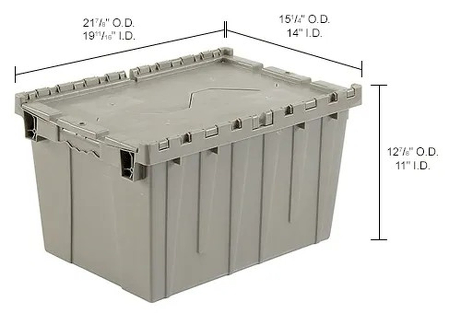 Plastic Attached Lid Shipping & Storage Tote, 21-7/8"x15-1/4"x12-7/8", Gray