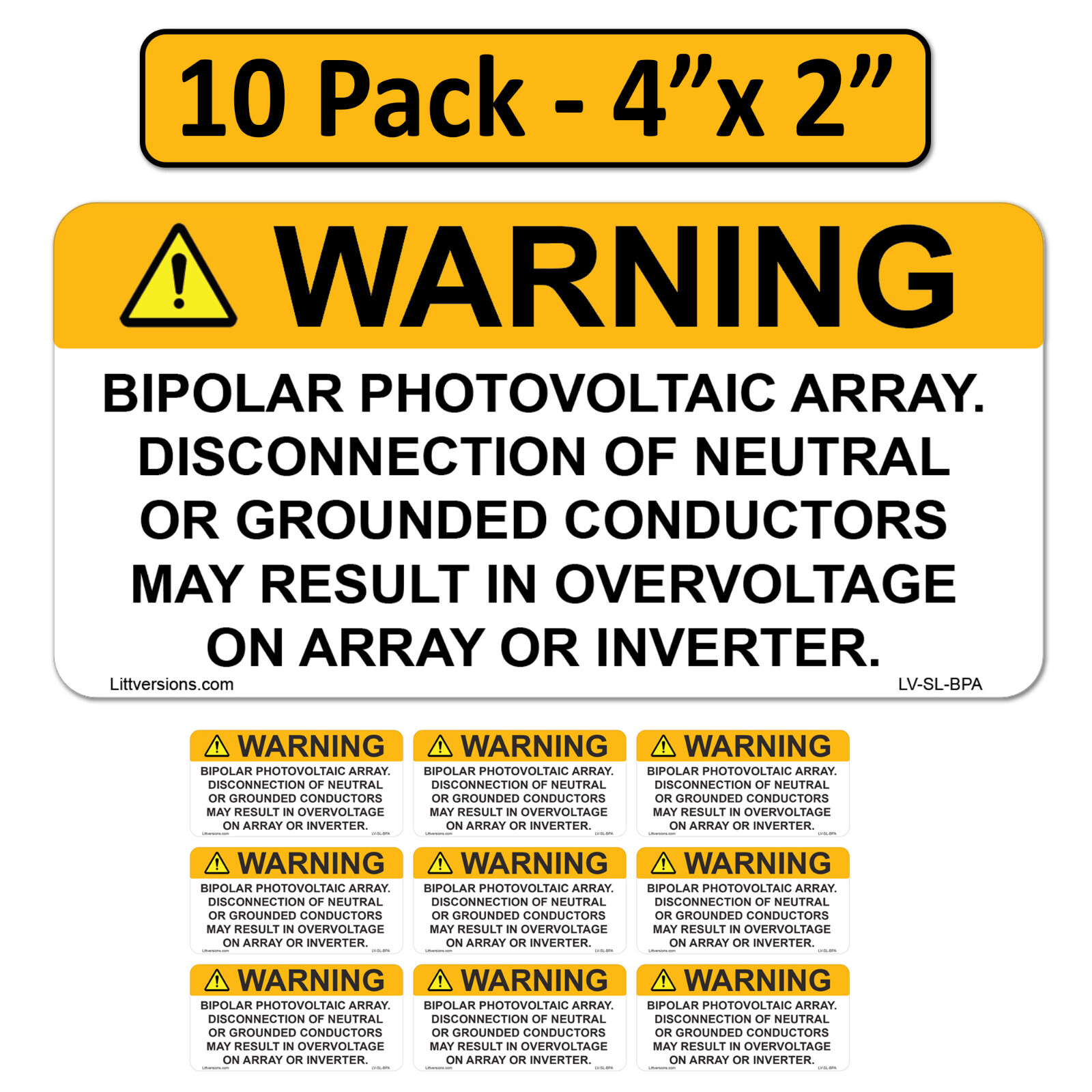 10 Pk 4"x 2" Solar NEC Complaint Warning Bipolar Photovoltaic Array Label