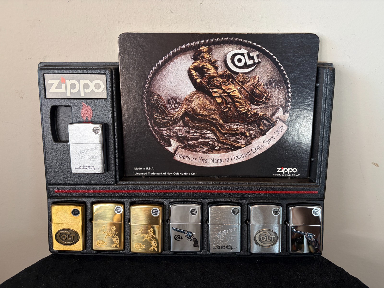 Vintage 1998 Zippo Lighter / Colt Counter Display Set, New Unstruck